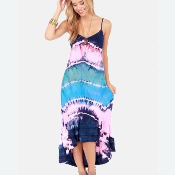 Billabong Black and Pink Tye-Dyed Maxi Sundress with Spaghetti Straps SZ L - Picture 8 of 8